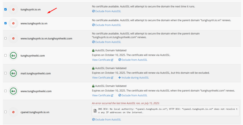 Hướng dẫn cài đặt chứng chỉ SSL miễn phí trên hosting (cPanel) 4 Chọn tên miền để cài đặt SSL