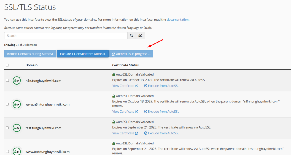 Hướng dẫn cài đặt chứng chỉ SSL miễn phí trên hosting (cPanel) 6 Thông báo AutoSSL is in progress