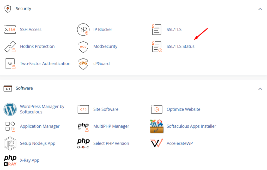 Hướng dẫn cài đặt chứng chỉ SSL miễn phí trên hosting (cPanel) 3 Truy cập mục SSL/TLS Status