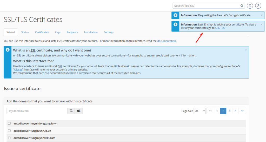 Quá trình cài đặt SSL miễn phí đang diễn ra