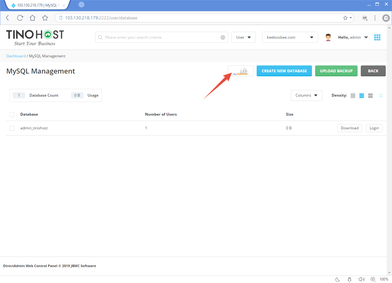 Tạo Database và truy cập phpMyAdmin trên Direct Admin Control Panel 5