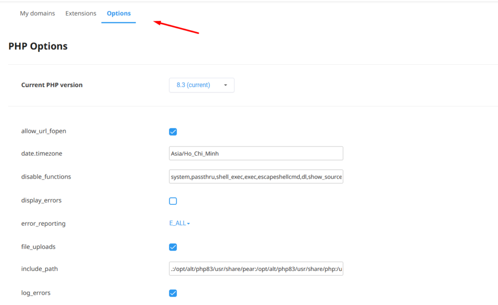 Hướng dẫn thay đổi thông số PHP Selector trên cPanel 8 Tùy chỉnh các thông số PHP (Options)