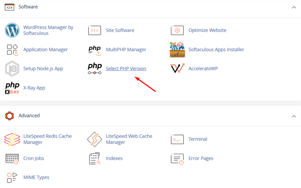 Hướng dẫn thay đổi thông số PHP Selector trên cPanel 4 Truy cập PHP Selector trên cPanel