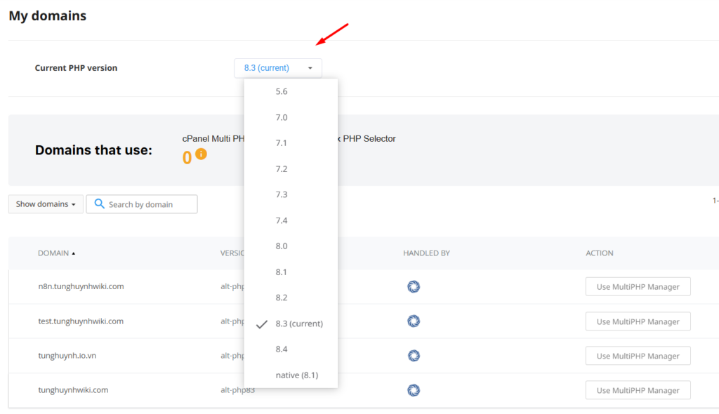 Hướng dẫn thay đổi thông số PHP Selector trên cPanel 6 Thay đổi phiên bản PHP