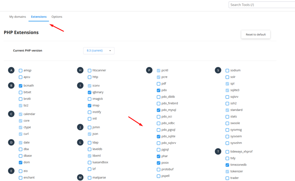 Hướng dẫn thay đổi thông số PHP Selector trên cPanel 7 Quản lý tiện ích mở rộng (Extensions)