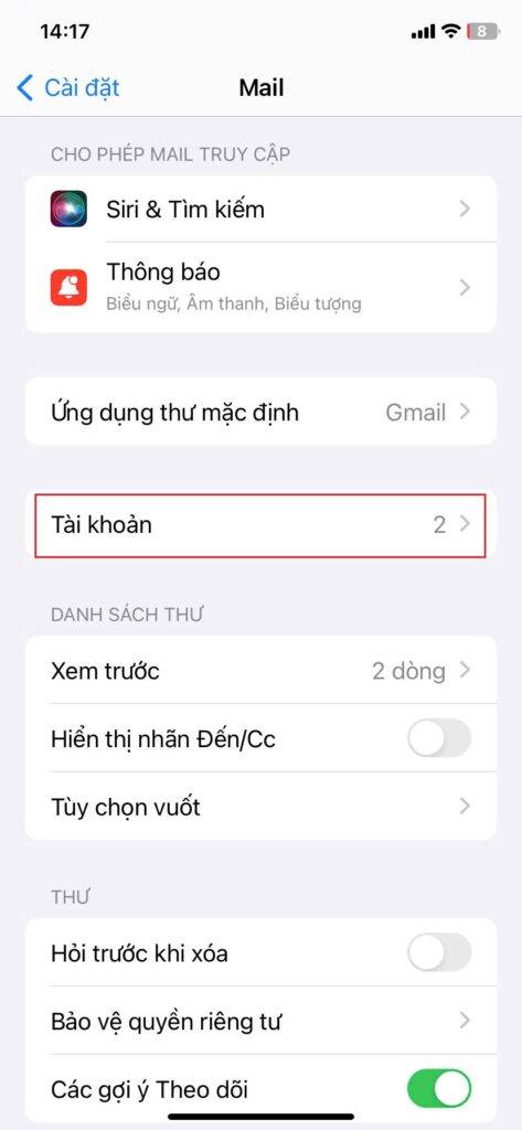 Hướng dẫn cấu hình Email doanh nghiệp trên phần mềm Mail trên IOS 10 Chọn Tài khoản