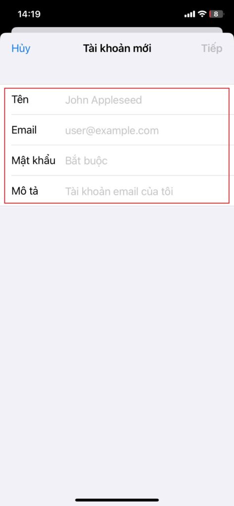 Hướng dẫn cấu hình Email doanh nghiệp trên phần mềm Mail trên IOS 14 Nhập thông tin