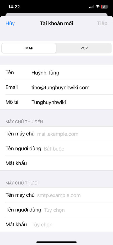 Hướng dẫn cấu hình Email doanh nghiệp trên phần mềm Mail trên IOS 15 Chọn IMAP hoặc POP