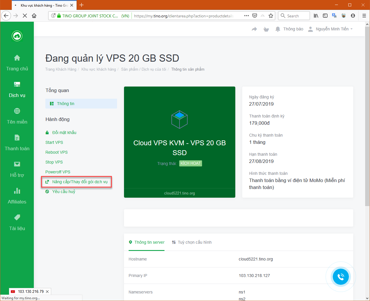 nâng cấp Cloud VPS