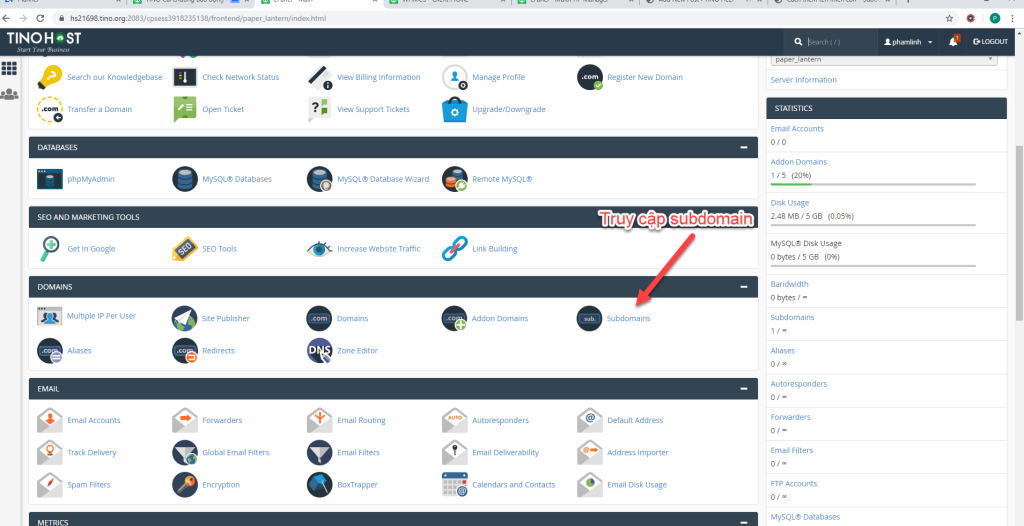 [cPanel] - Thêm subdomain (Tên miền phụ) trên hosting cpanel tại TinoHost 1