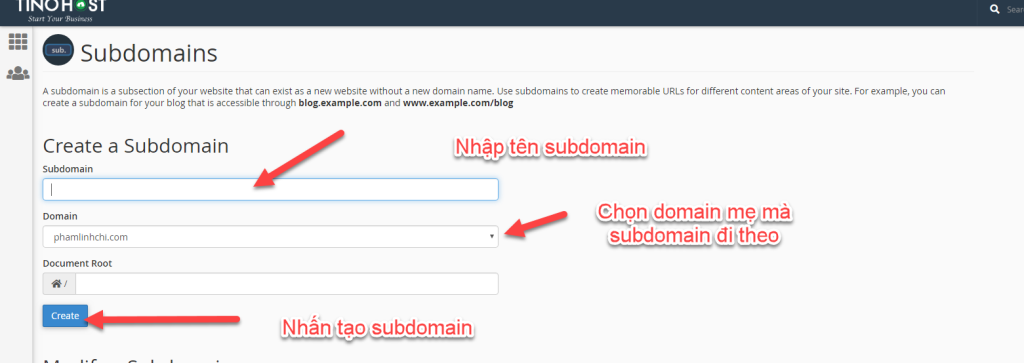 [cPanel] - Thêm subdomain (Tên miền phụ) trên hosting cpanel tại TinoHost 2
