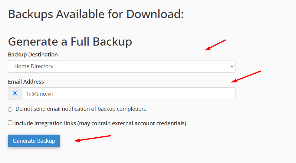 Hướng dẫn tạo backup và tải full backup toàn bộ hosting trên cPanel tại Tino 5 Các bước tạo Full Backup bằng Backup Wizard
