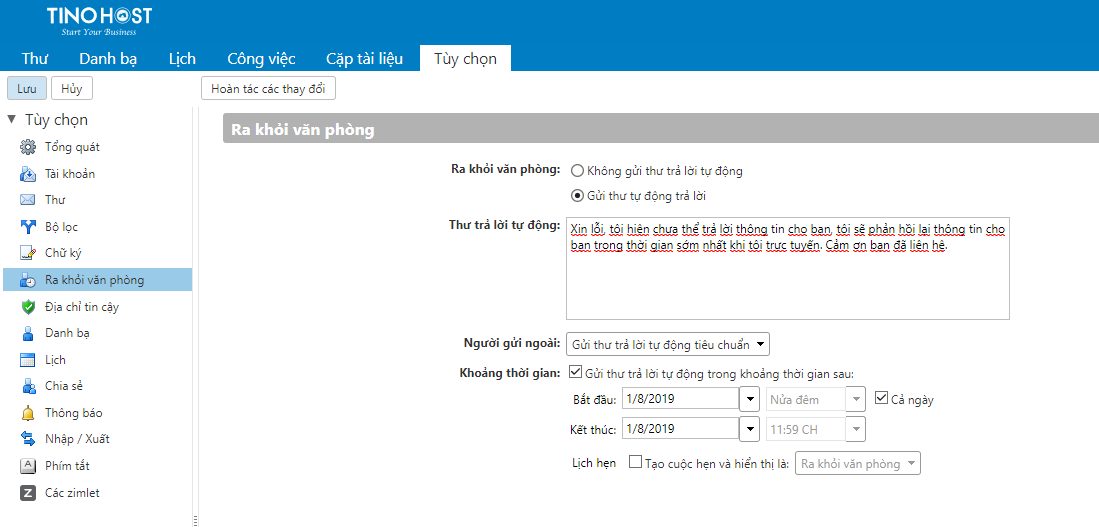 [Zimbra] Hướng dẫn cài đặt gửi Mail tự động khi không trong giờ làm việc 1