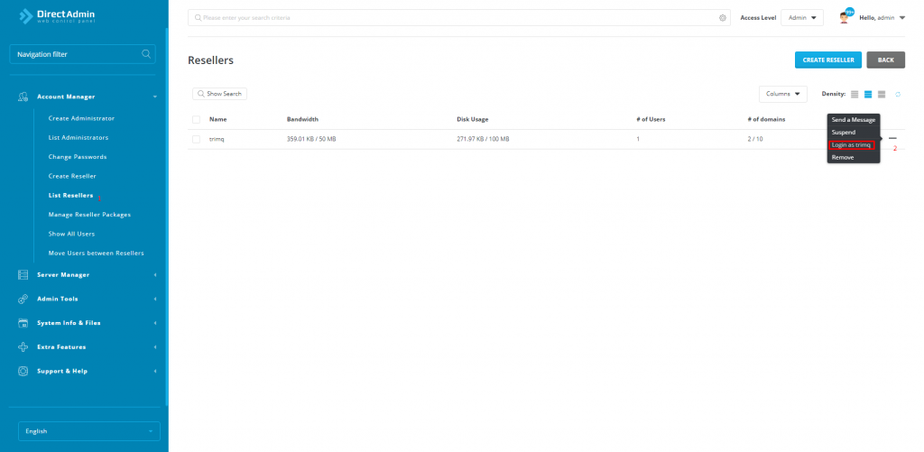 Các loại tài khoản và các gói trong Direct Admin 8