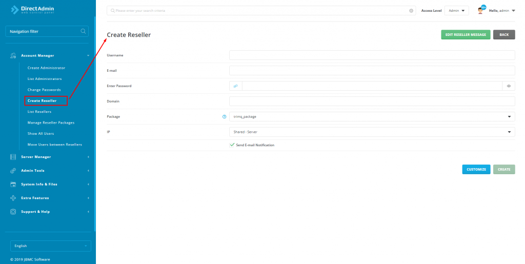 Các loại tài khoản và các gói trong Direct Admin 7