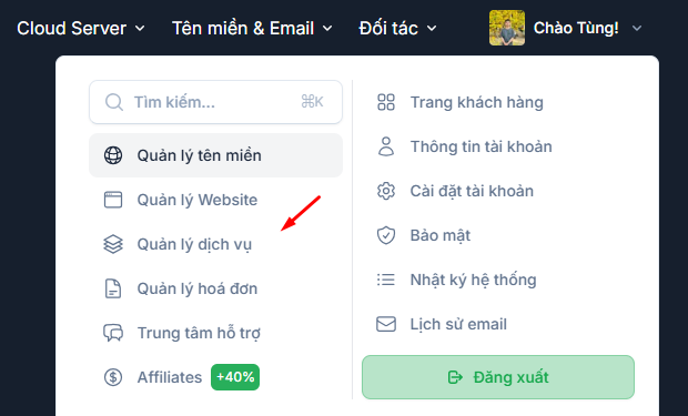 Chọn mục Quản lý dịch vụ