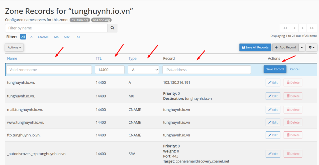 Hướng dẫn các thao tác thêm, xóa và chỉnh sửa DNS trong Zone Editor 10 Thêm bản ghi