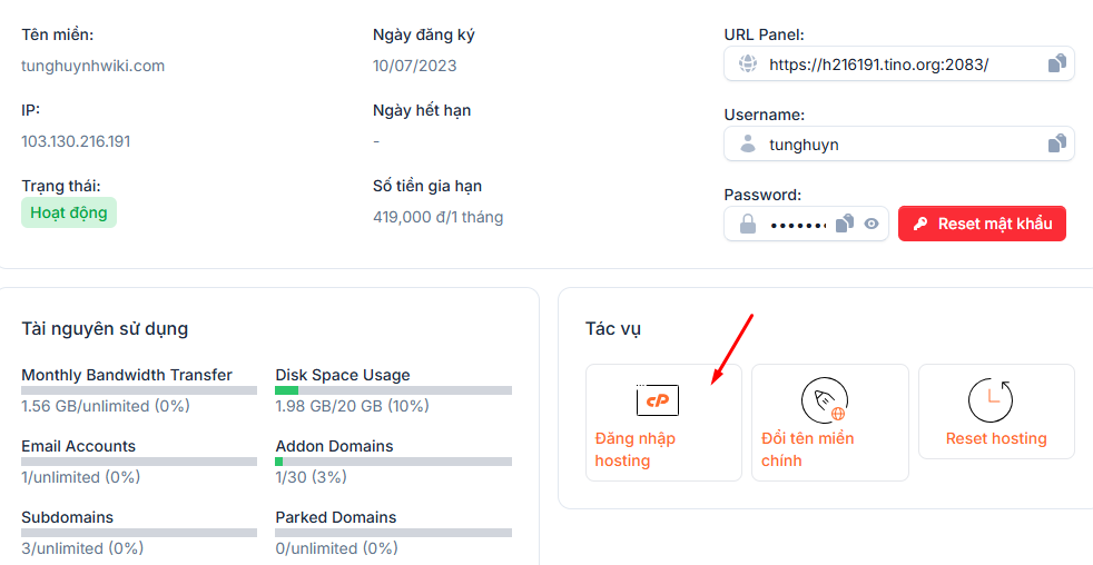Nhấn nút Đăng nhập hosting 