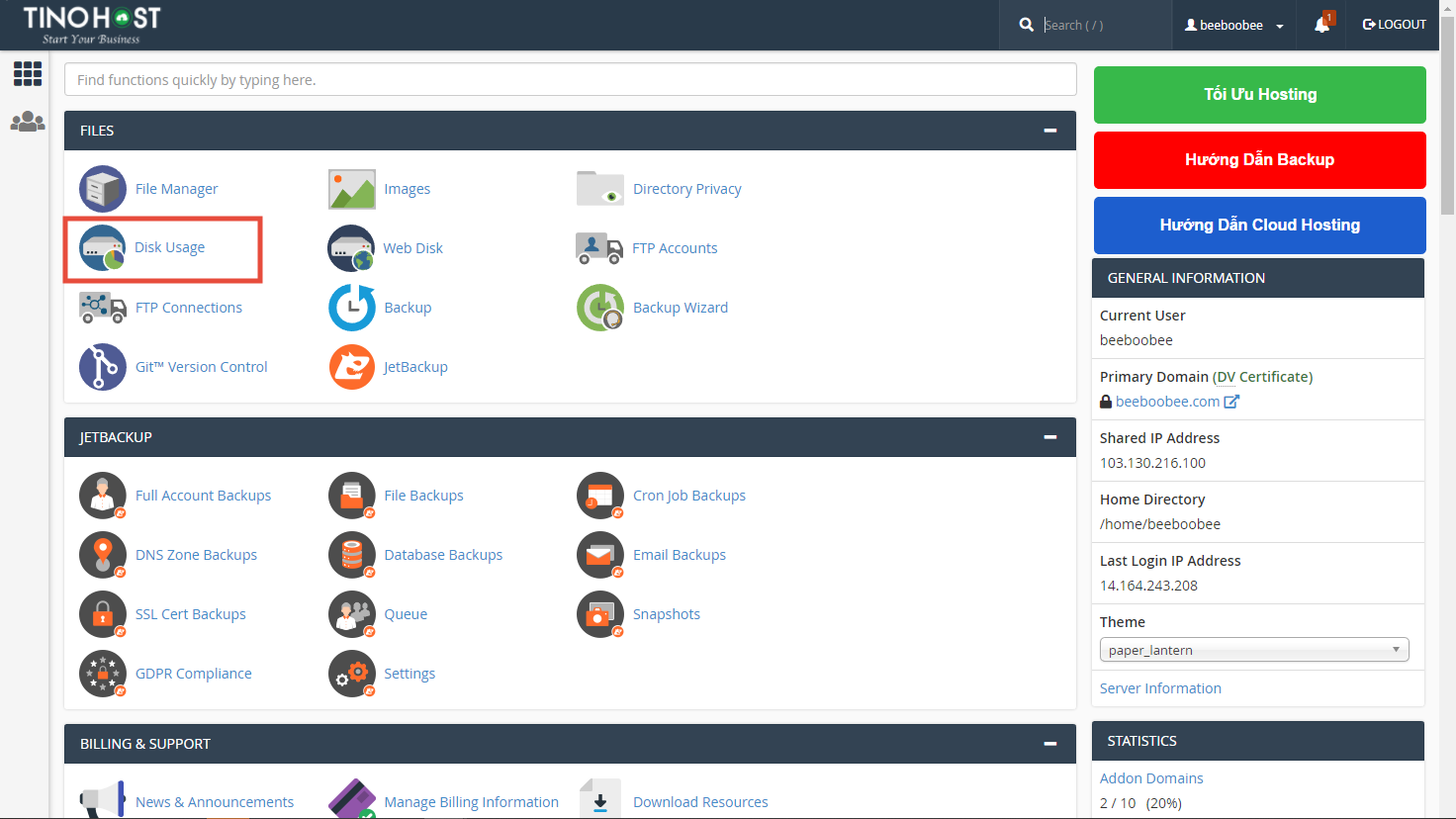 [cPanel] - Kiểm tra dung lượng Hosting và quản lý dung lượng với Disk Usage 1