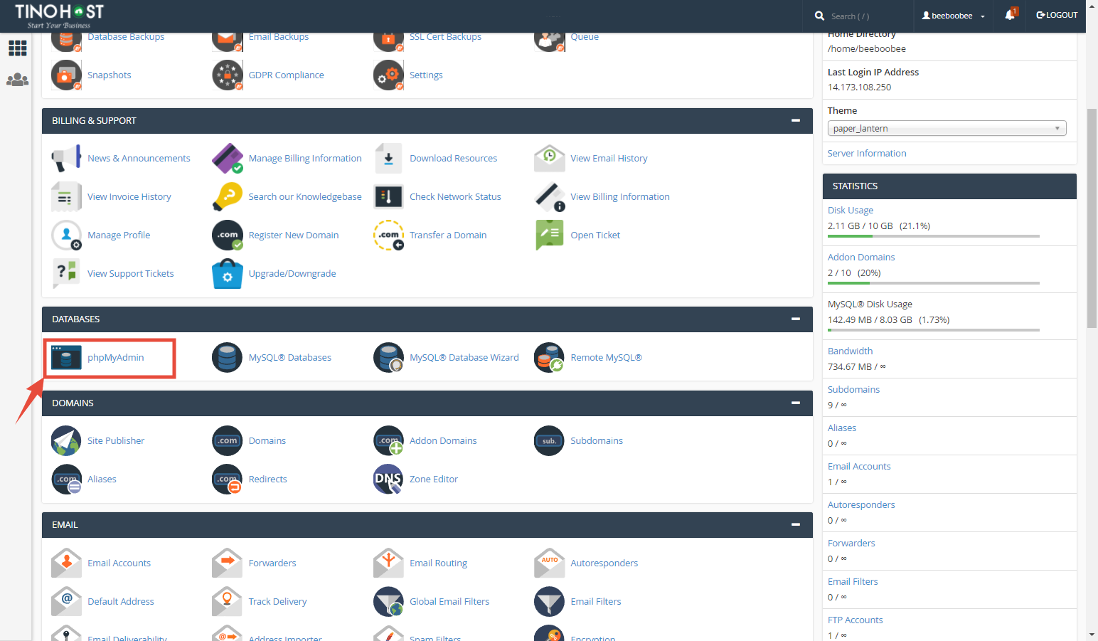 [cPanel] - Truy cập bảng điều khiển phpMyAdmin 1