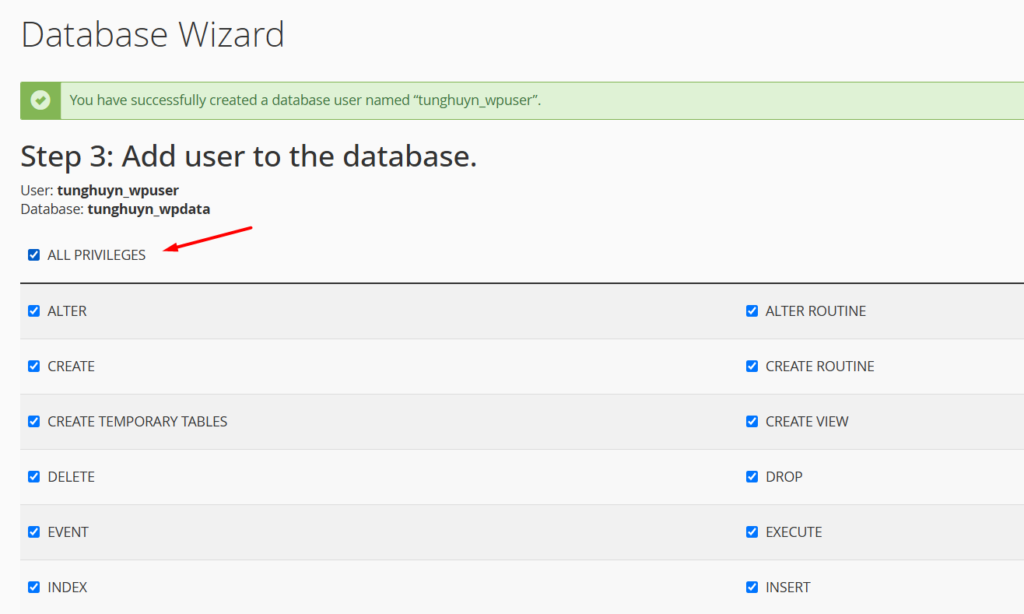 Hướng dẫn tạo database với MySQL® Database Wizard trên cPanel 4 Gán quyền cho database user
