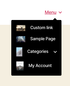 Menu thả xuống WordPress với hình ảnh bên cạnh các liên kết điều hướng