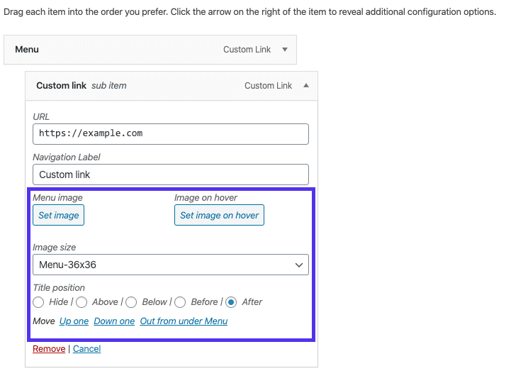 Phần Menu Image trong trình chỉnh sửa menu