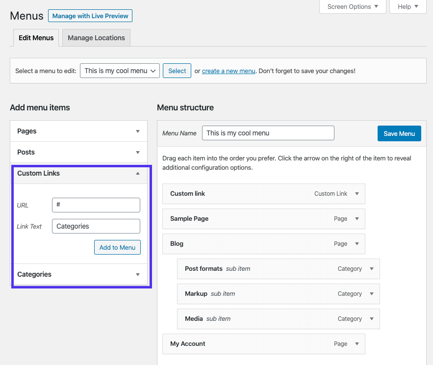 Tạo nhãn Danh mục cho menu
