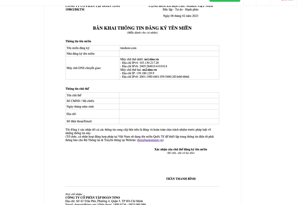 Hướng dẫn cập nhật hồ sơ tên miền tại Nhà đăng ký Tino Group 5
