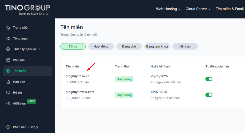 Hướng dẫn thao tác chỉnh sửa Nameserver trên tên miền tại Tino 3 Các bước chỉnh sửa Nameserver trên tên miền tại Tino