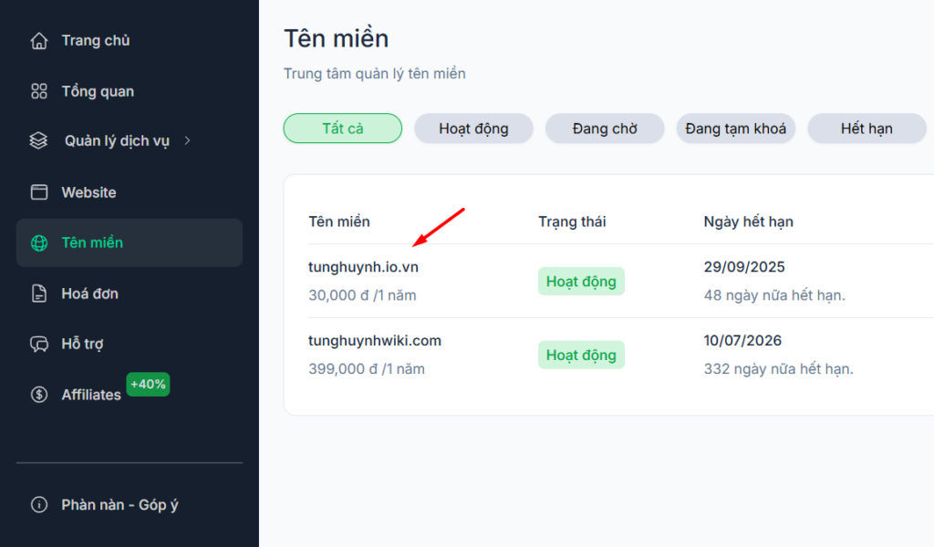 Chọn tên miền cần chỉnh sửa DNS