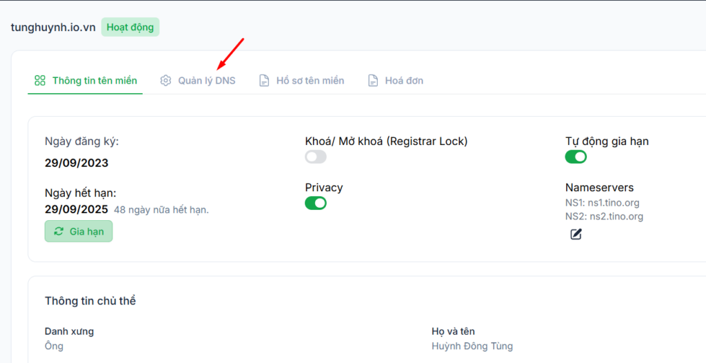 Chọn mục Quản lý DNS để cấu hình