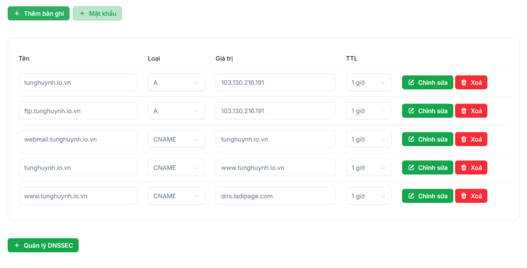 Danh sách các bản ghi DNS