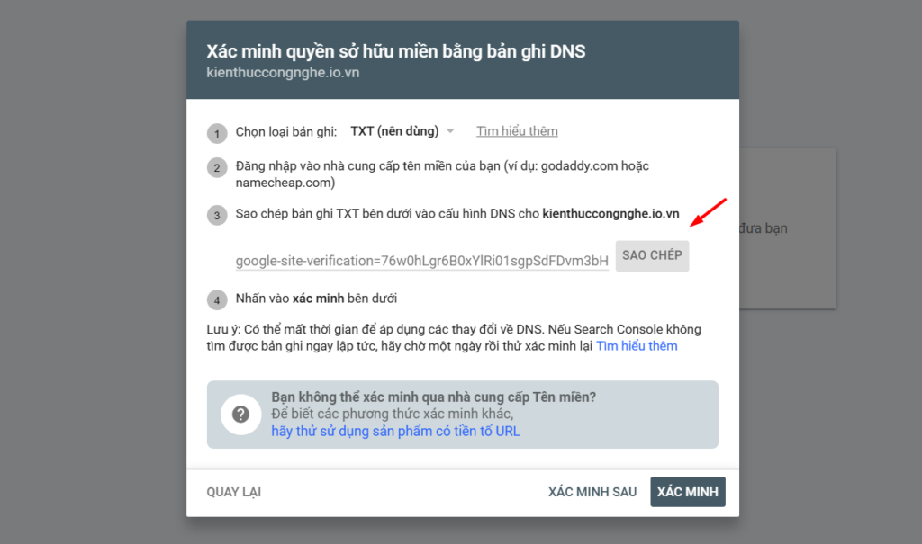 Hướng dẫn cách xác minh tên miền với Google Search Console đơn giản 3 Nhấn SAO CHÉP