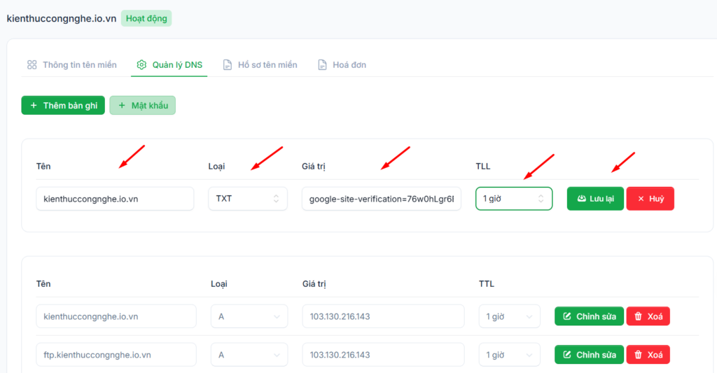 Hướng dẫn cách xác minh tên miền với Google Search Console đơn giản 8 Thêm bản ghi