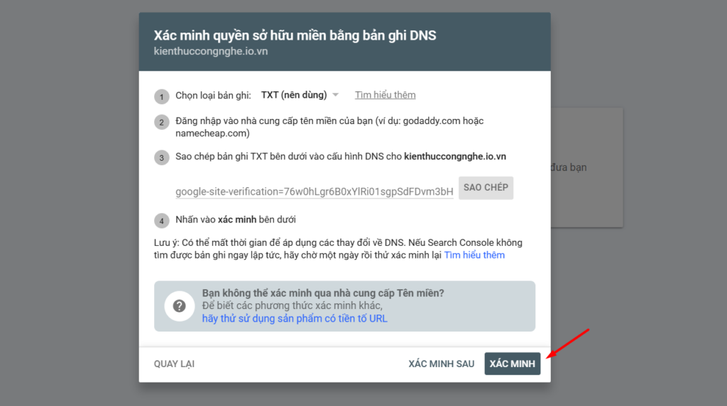 Hướng dẫn cách xác minh tên miền với Google Search Console đơn giản 9 Nhấn Xác minh
