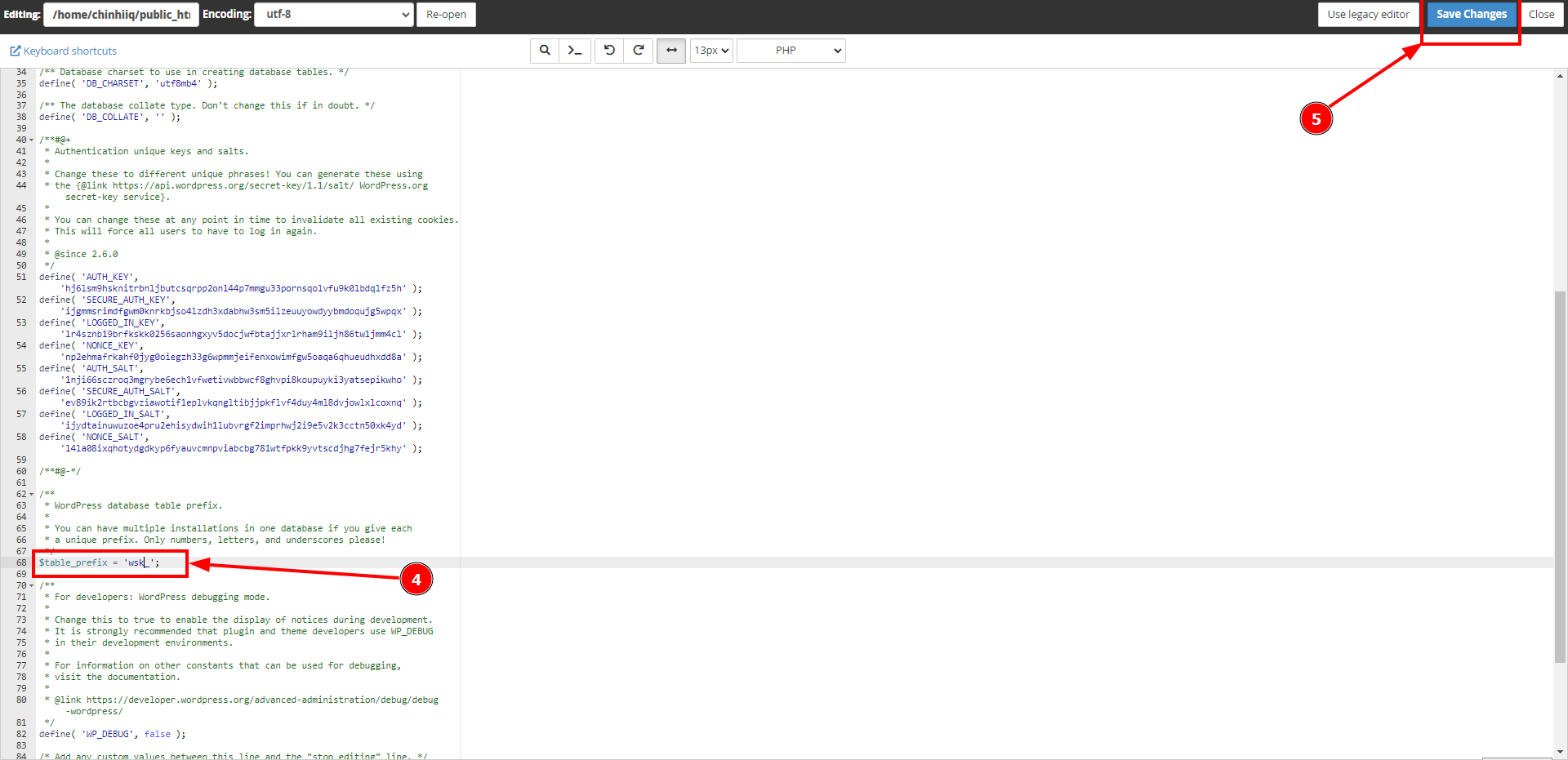 Hướng dẫn xử lý mã độc website WordPress trên cPanel 19 chinh-sua-$table-prefix