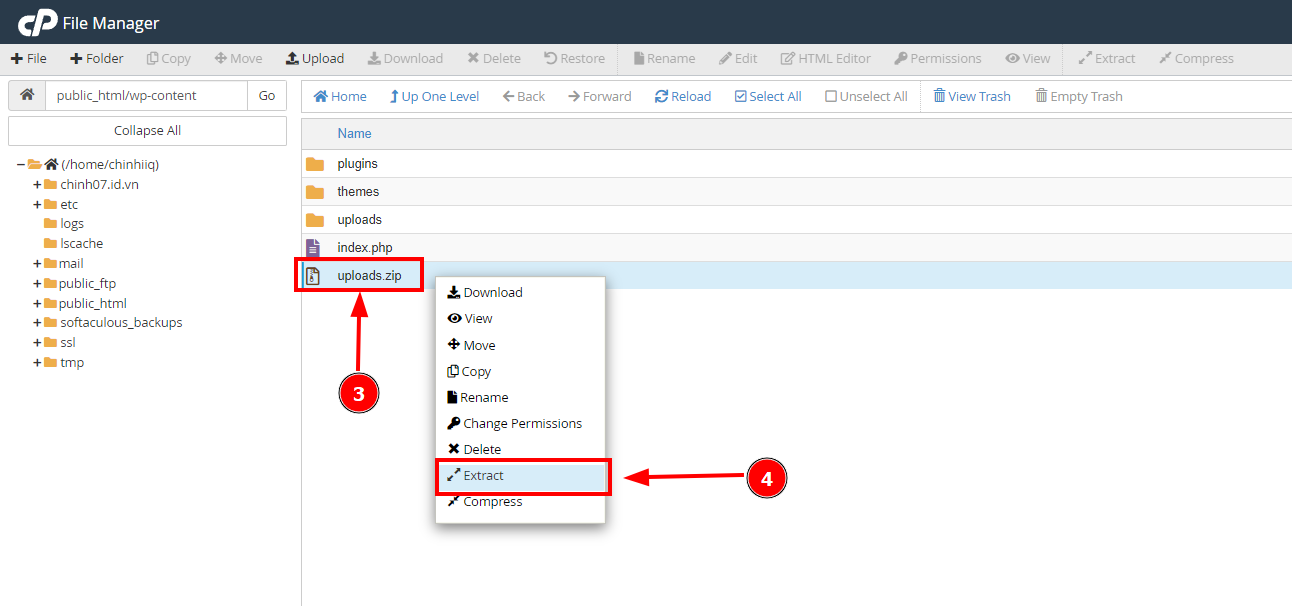 Hướng dẫn xử lý mã độc website WordPress trên cPanel 22 giai-nen-thu-muc-uploads-zip