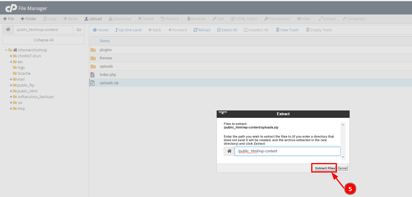 Hướng dẫn xử lý mã độc website WordPress trên cPanel 23 giai-nen-thu-muc-uploads-zip-(2)