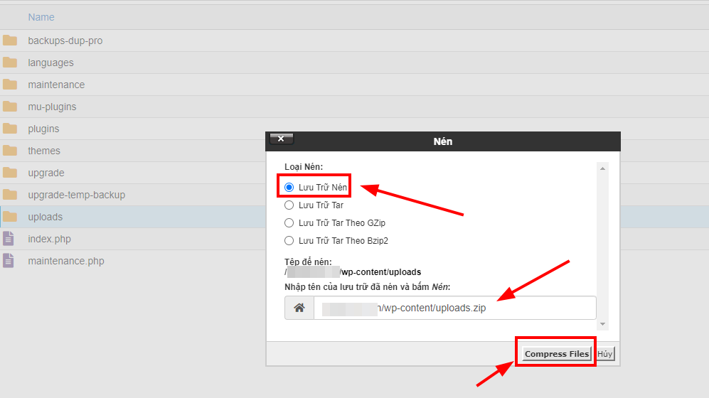 Hướng dẫn xử lý mã độc website WordPress trên cPanel 7 nen-thu-muc-uploads
