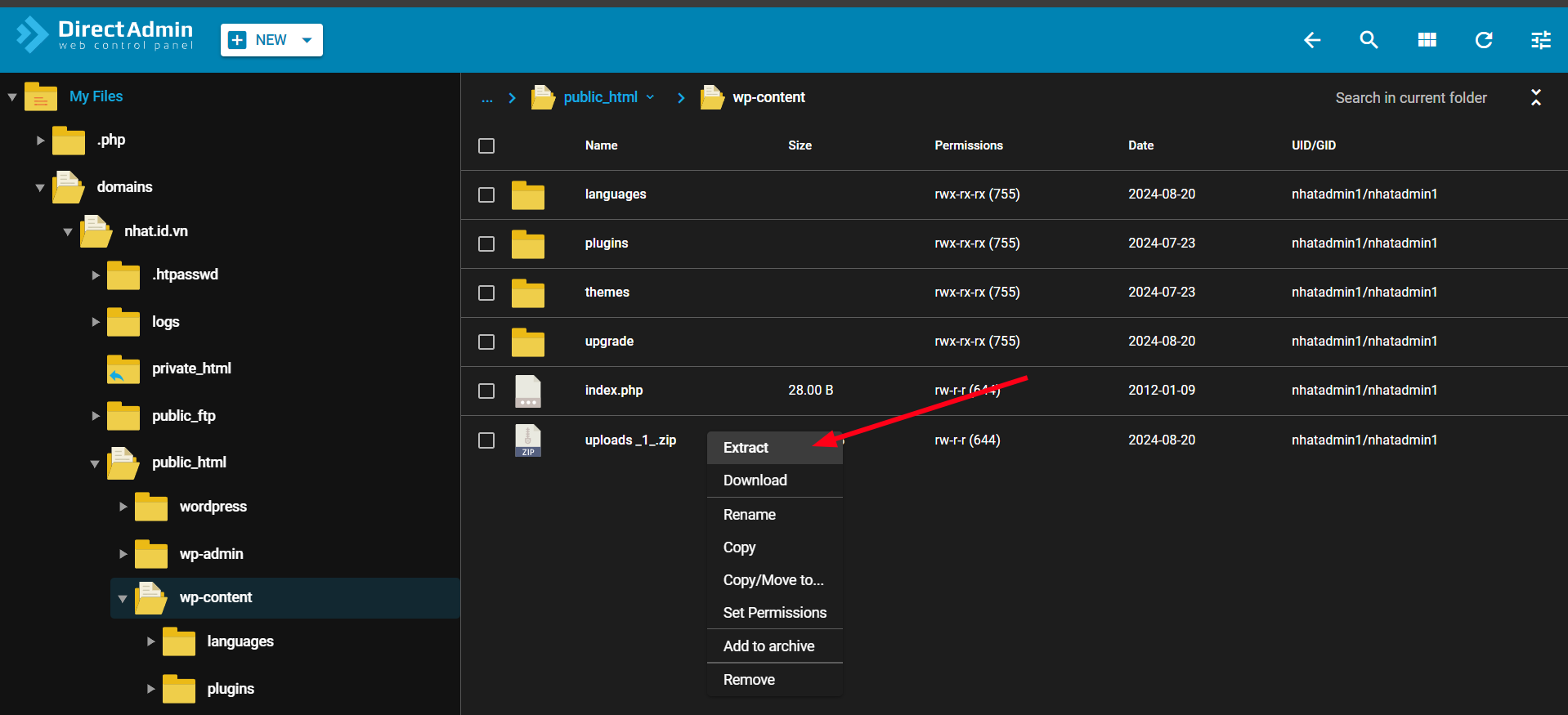 Hướng dẫn xử lý mã độc website WordPress trên DirectAdmin 24 tai-len-thu-muc-uploads