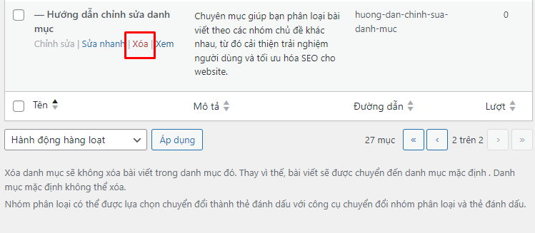 Hướng dẫn chỉnh sửa, thêm và xóa chuyên mục bài viết trên website WordPress 14 xoa-chuyen-muc