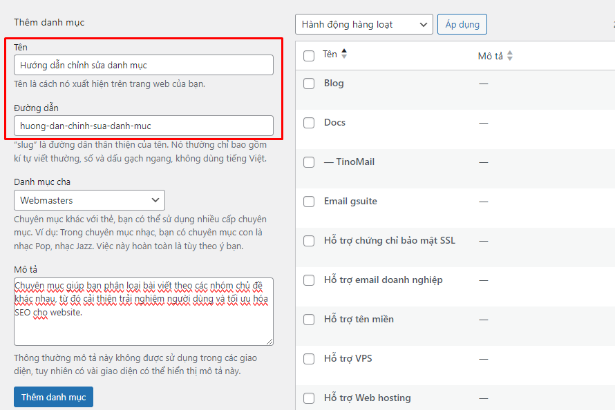 Hướng dẫn chỉnh sửa, thêm và xóa chuyên mục bài viết trên website WordPress 4 tao-danh-muc-moi-tu-trang-quan-ly-danh-muc