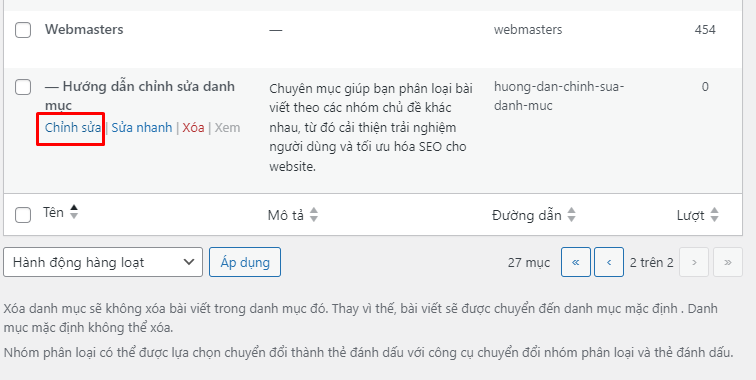 Hướng dẫn chỉnh sửa, thêm và xóa chuyên mục bài viết trên website WordPress 10 chinh-sua-danh-muc