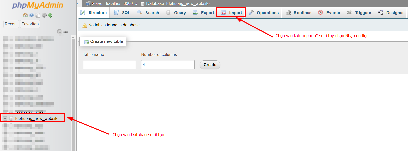 Hướng dẫn chi tiết cách restore website WordPress trên cPanel hosting 3 chon-database-can-nhap-du-lieu-va-nhap-vao-tab-import