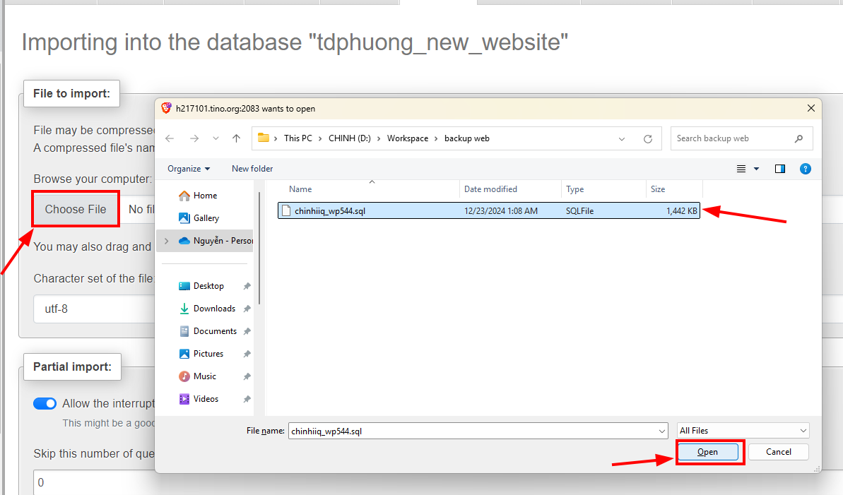 Hướng dẫn chi tiết cách restore website WordPress trên cPanel hosting 4 chon-tep-tin-database-can-nhap