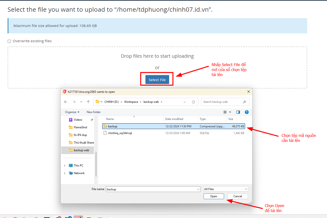 Hướng dẫn chi tiết cách restore website WordPress trên cPanel hosting 11 chon-tep-tin-ma-nguon-va-nhap-open-de-tai-len