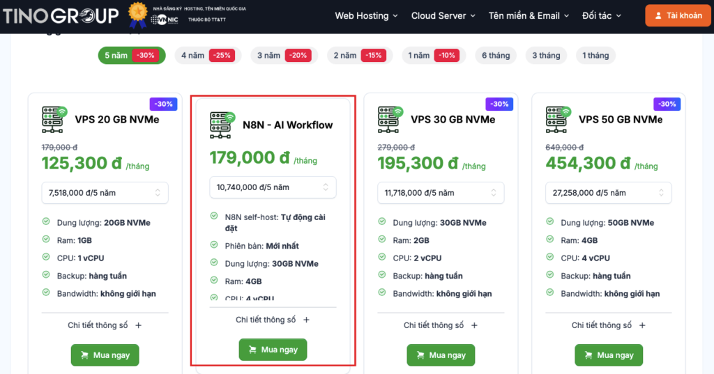VPS N8N 2025: tối đa công suất, tiết kiệm 70% 10 Gói VPS N8N Tino