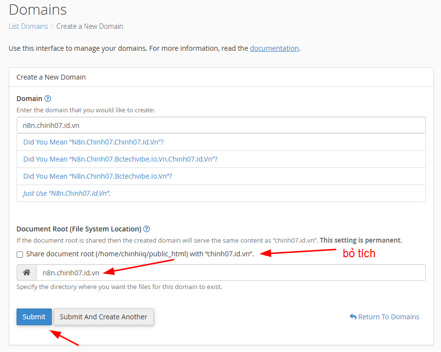 Thêm subdomain/addon domain trên cPanel