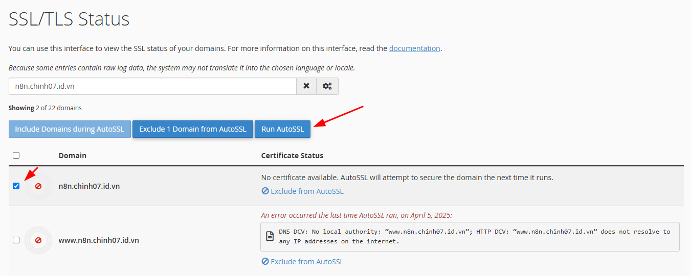 Cài đặt SSL cho subdomain vừa tạo